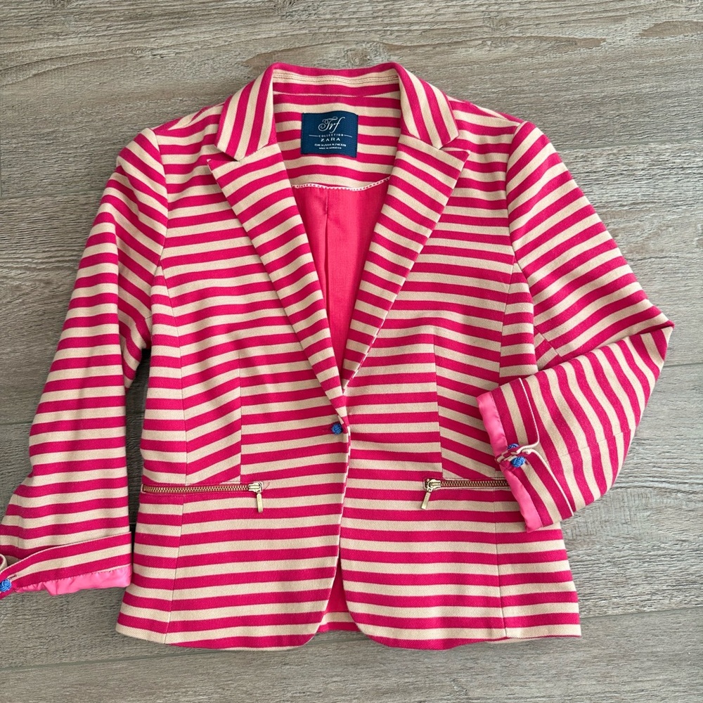 Zara Pink and Cream Striped, Cropped Blazer